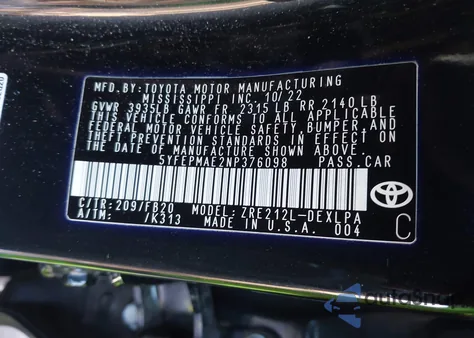 2022 Toyota Corolla Le from USA, damaged, VIN 5YFEPMAE2NP376098